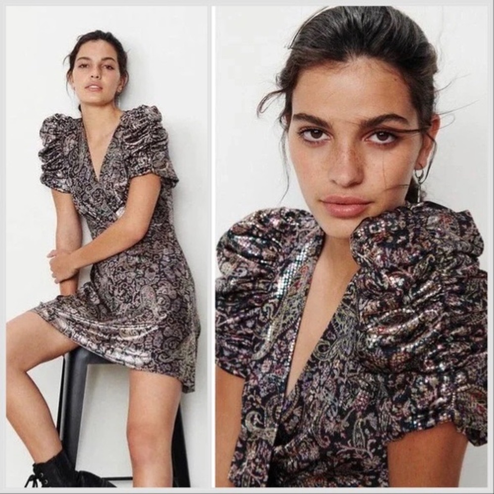 NWOT BA&SH Gala Printed Metallic Mini Dress in Noir sz M